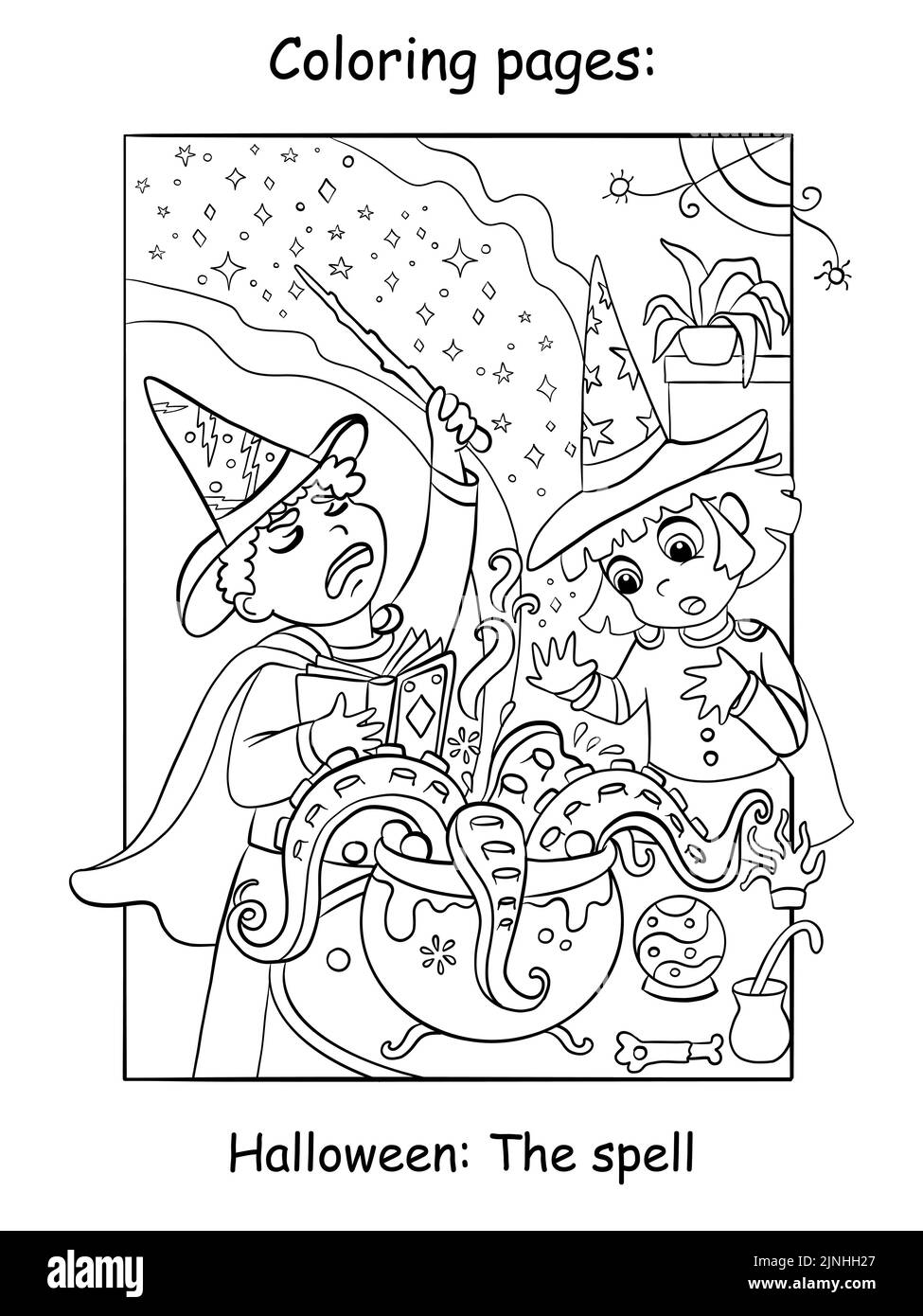 Kinder in Zauberkostümen kochen einen Trank in einem Kessel. Halloween-Konzept. Zum ausmalen für Kinder. Vektorgrafik Cartoon-Illustration. Für den Druck, Stock Vektor