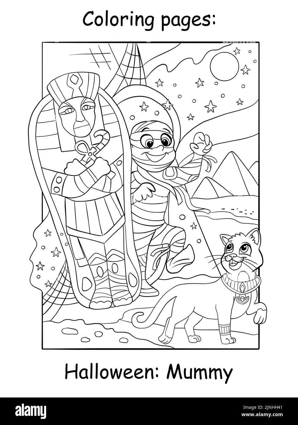 Nette pharaoh Mama und ägyptische Katze. Halloween-Konzept. Zum ausmalen für Kinder. Vektorgrafik Cartoon-Illustration. Für Druck, Dekor, Bildung und Stock Vektor