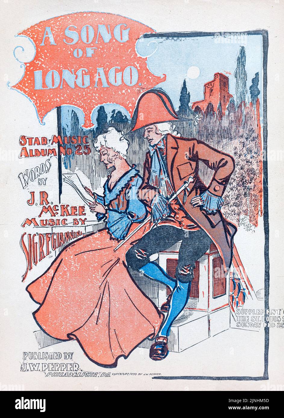 A Song of Long Ago (1899) words von J. R. McKee, Music by Sig'r F. Giannini, Published by J. W. Pepper. Titelblatt mit Noten. Stockfoto