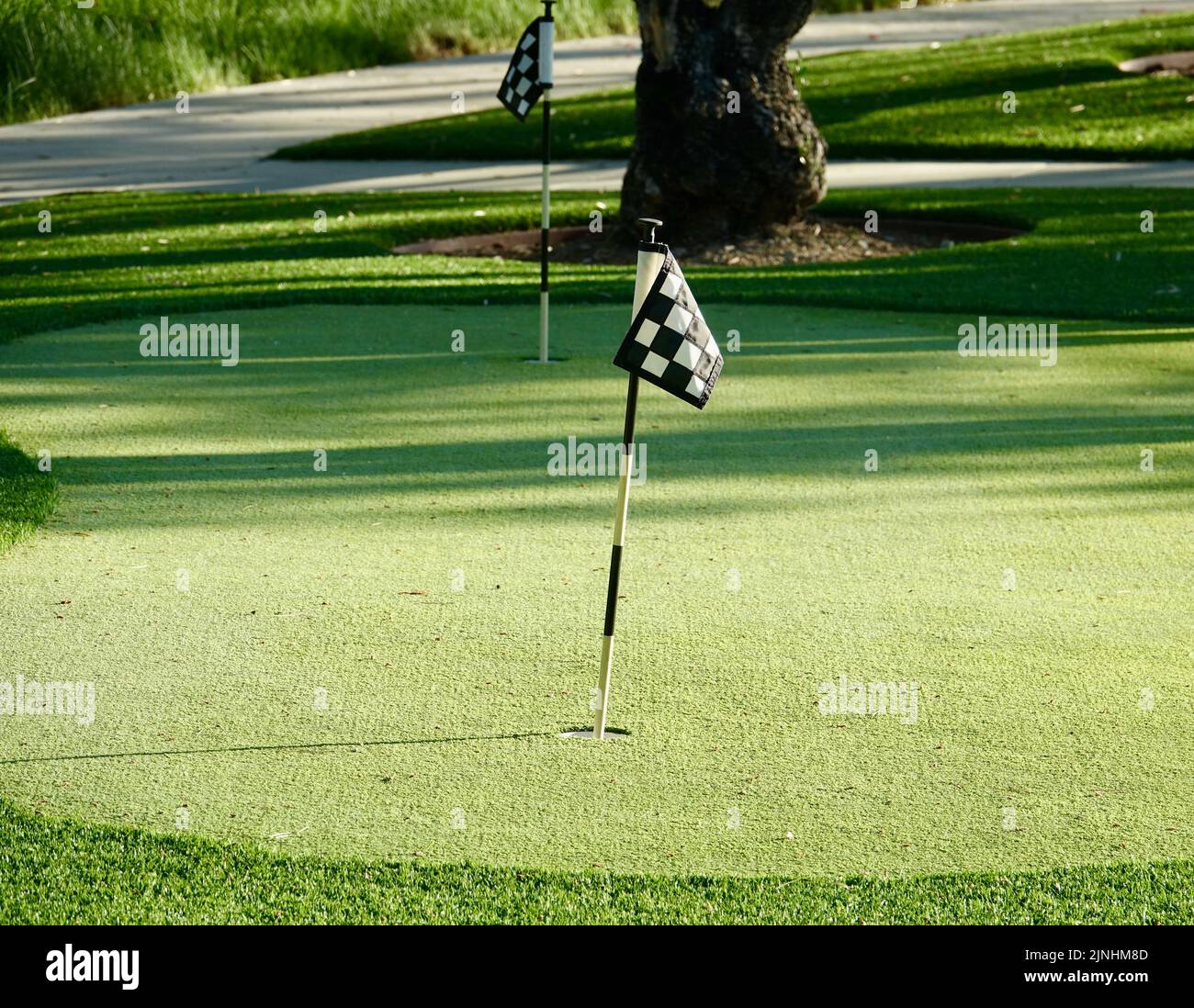 Karierte Golfflagge auf einem Minigolfplatz Stockfoto