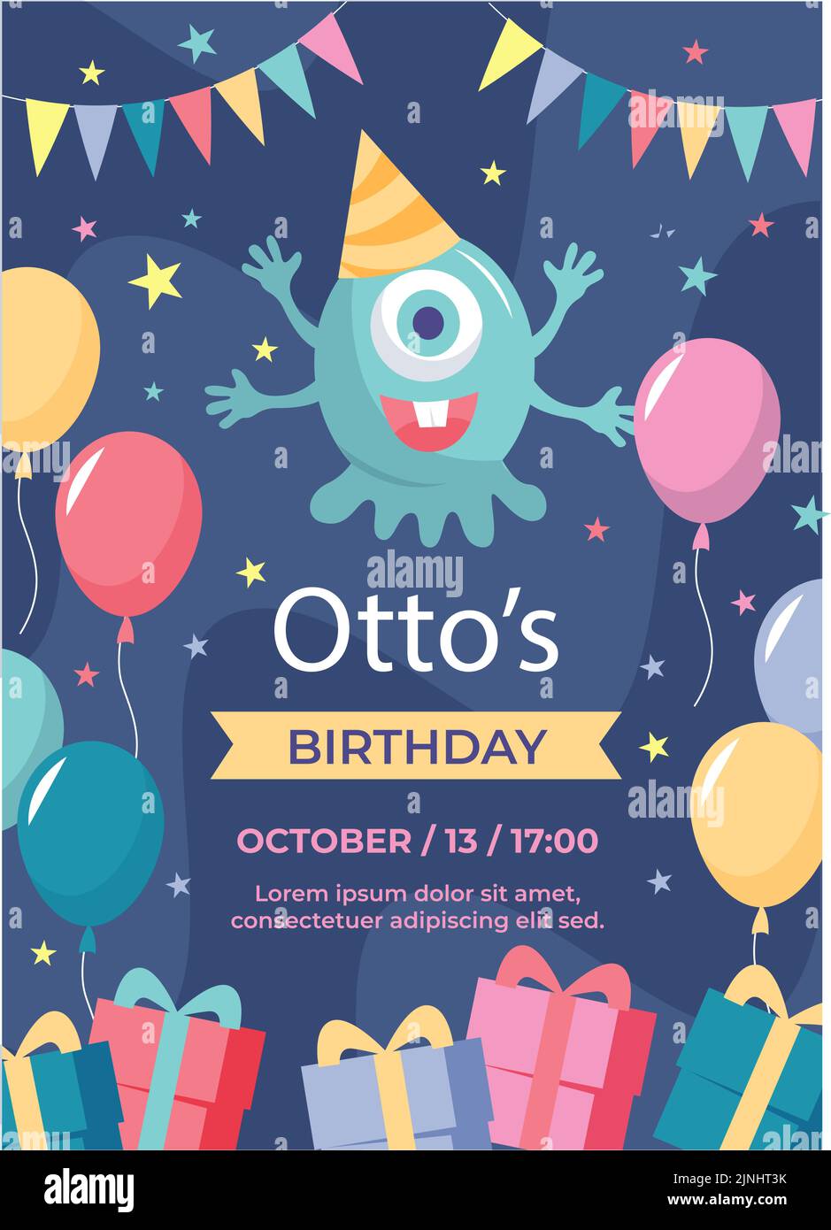 Handgezeichnete Kinder Party Karte Einladung Vektor Illustration. Stock Vektor