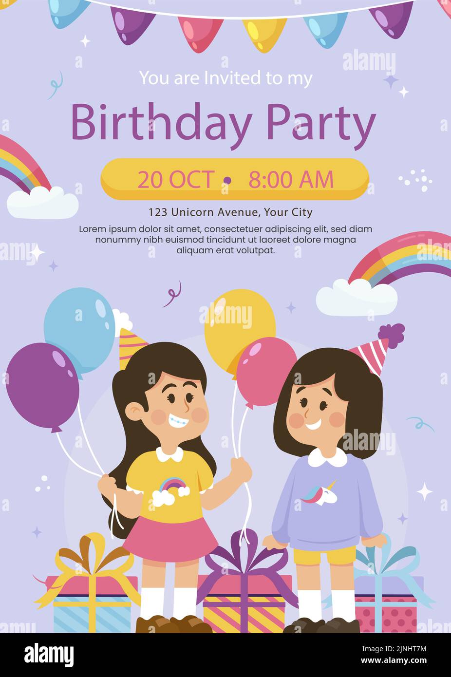 Handgezeichnete Kinder Party Karte Einladung Vektor Illustration. Stock Vektor