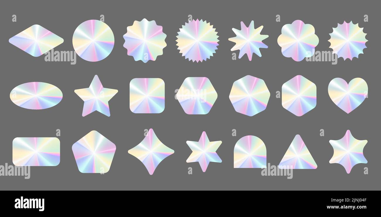 Holographisches Sticker-Set. Gradientenstempel mit silbernem Etikett. Abzeichen mit Metallstruktur. Schillernde Regenbogenfolie in verschiedenen geometrischen Formen. Vector Neon Stock Vektor