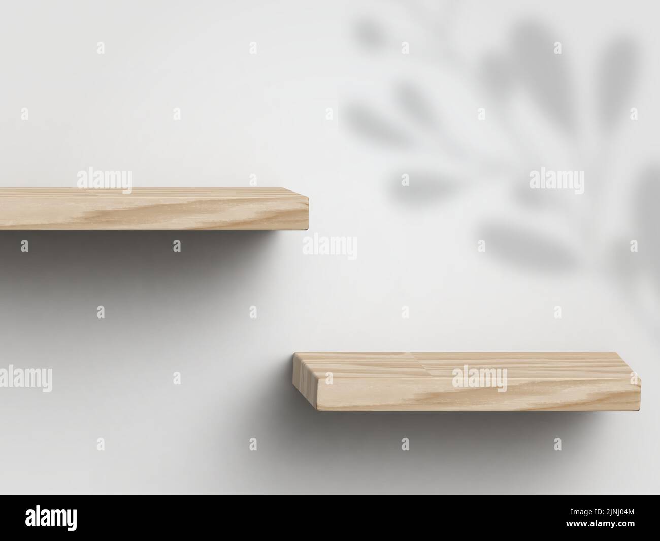 Zwei Holzregale oder Plattformen zur Produktpräsentation im Loft-Raum. Holzpodium in weißem Reinraum mit Schatten der Blätter. 3D Rendering illustrati Stock Vektor