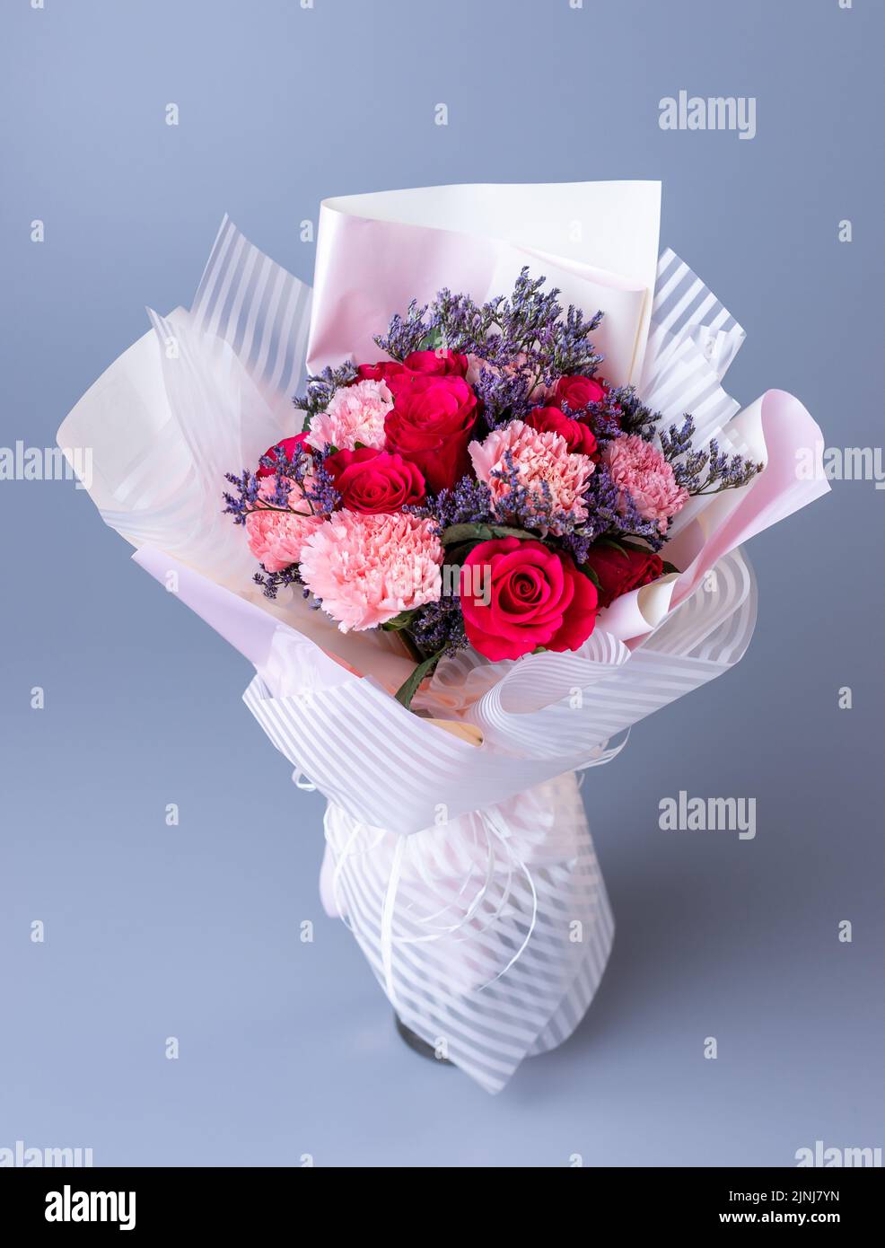 Strauß roter und rosafarbener Blumen, eingewickelt in festliches Papier auf blauem Hintergrund. Festlich gepackter Bukett in roten und violetten Farben. Konzept von Women's D Stockfoto