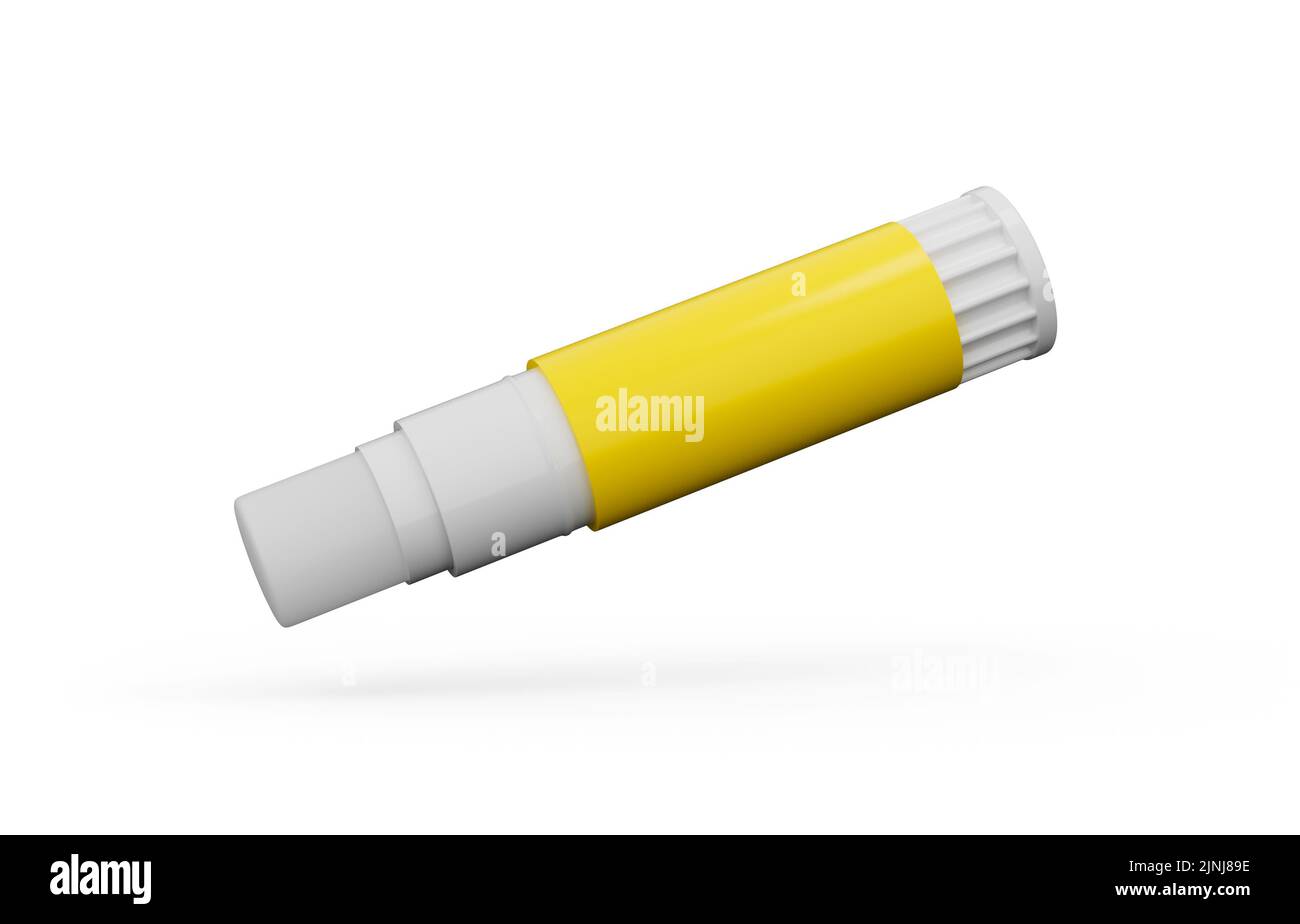 Ein 3D Render eines gelben Klebesticks in der Luft isoliert auf weißem Hintergrund Stockfoto