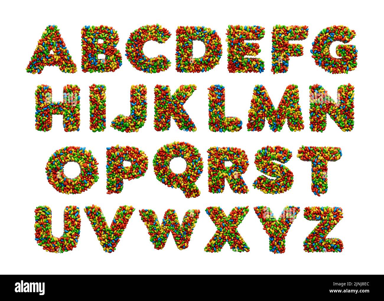 Eine 3D Darstellung des bunten englischen Alphabets von A bis Z auf weißem Hintergrund Stockfoto