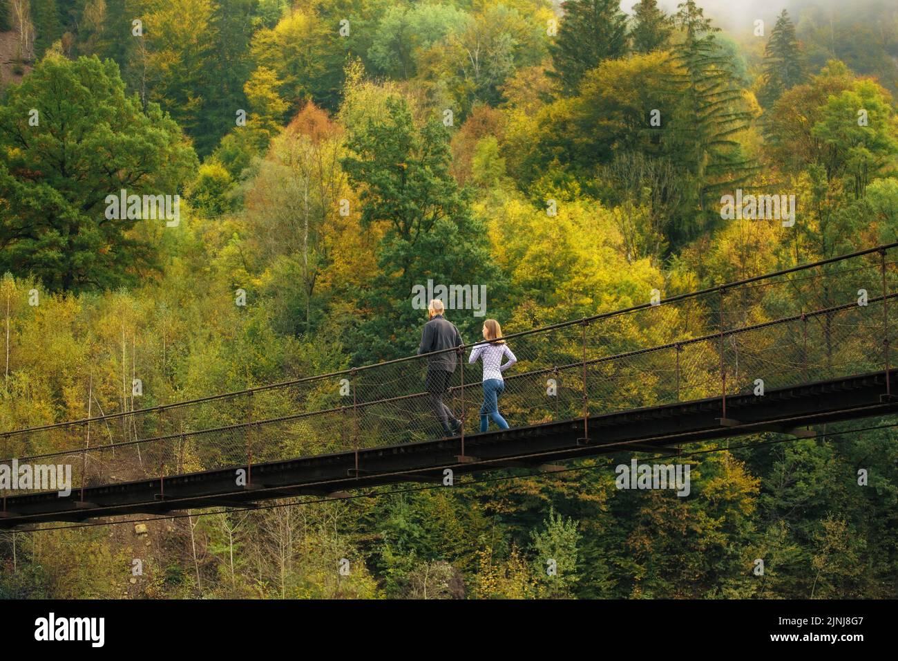 Morgendlicher Sportlauf. Ein paar Sportler joggen morgens auf einer Hängebrücke auf einem grünen Bergwald. Joggen, aktiver Sport Stockfoto