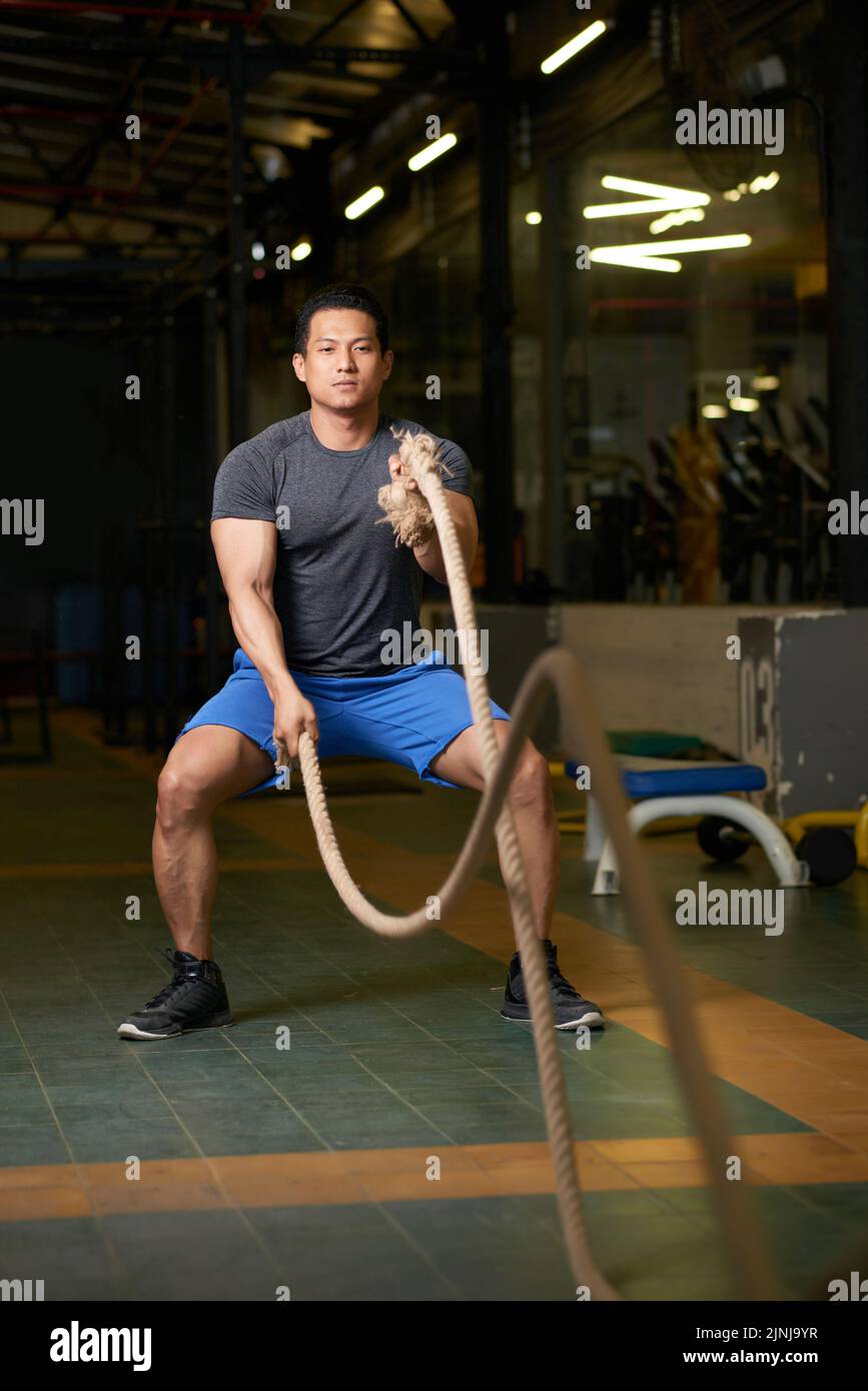 Hübsche junge Frau, die im Fitnessstudio mit Kampfseilen trainieren kann Stockfoto