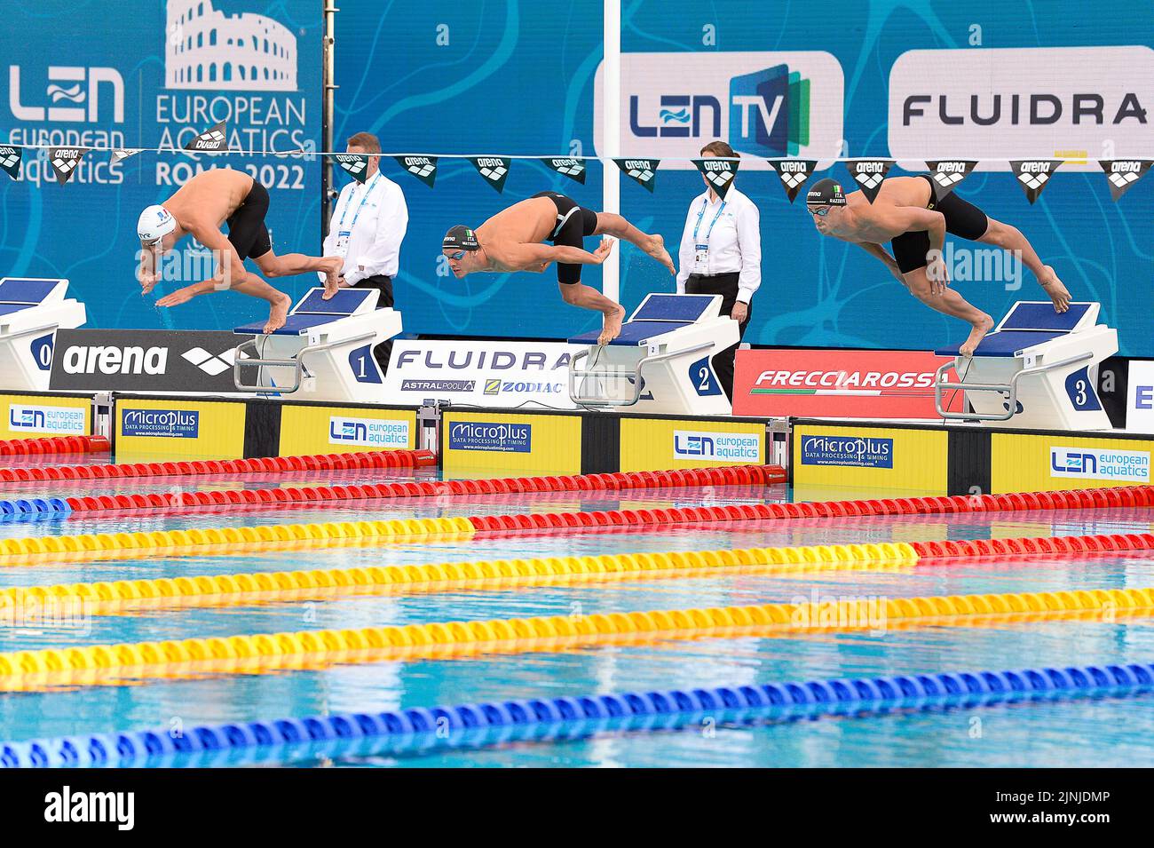 Roma, Italien. 11. August 2022. Matteazzi Pier Andrea und Razzetti Alberto 400m Einzelmedley während der Europameisterschaft im Wasserspringen, Roma, Italien, im Stadio del Nuoto, Roma 11 Aug 2022 (Foto von AllShotLive/Sipa USA) Credit: SIPA USA/Alamy Live News Stockfoto