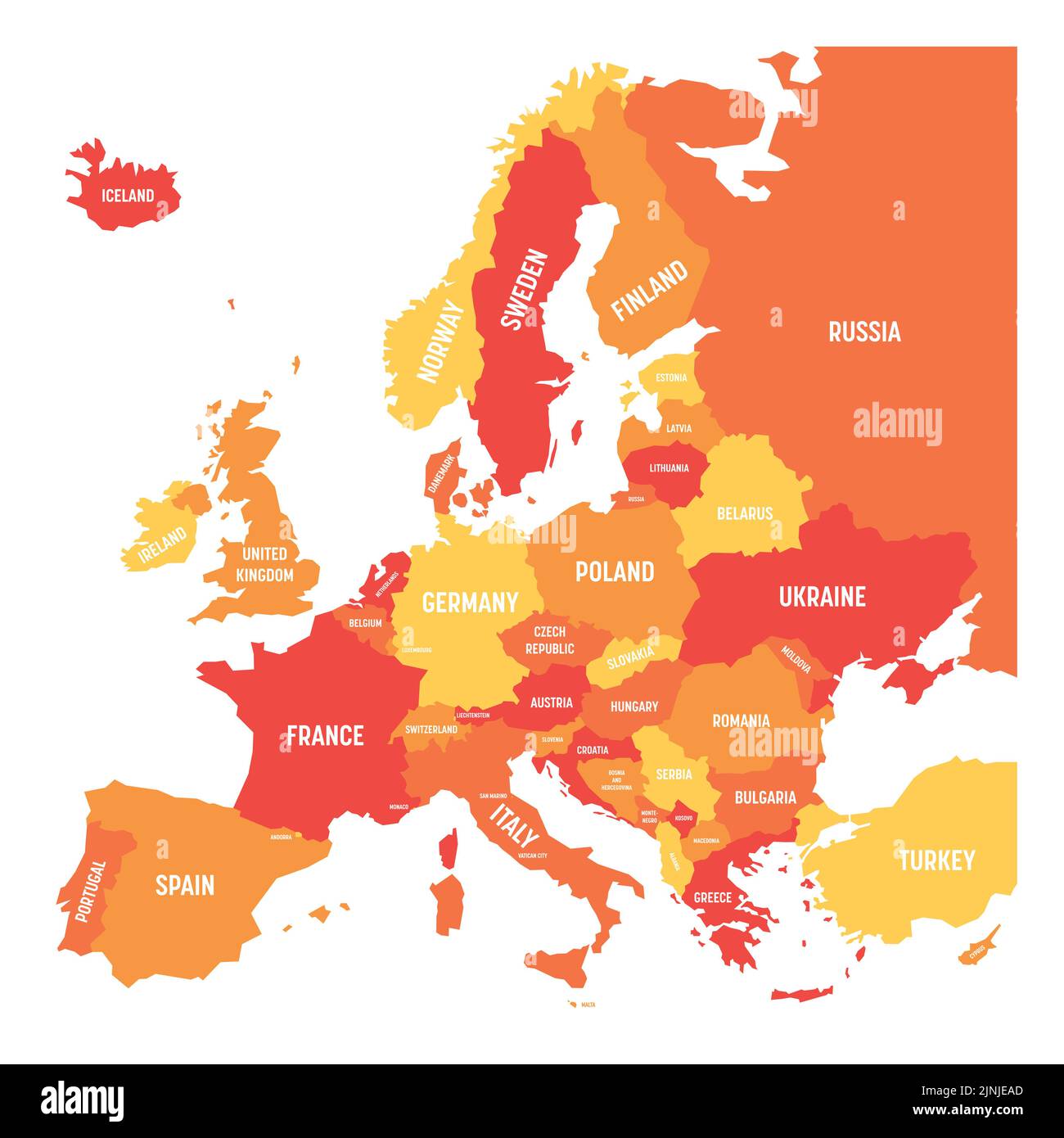 Politische Landkarte des europäischen Kontinents in vier Orange-Tönen Stock Vektor