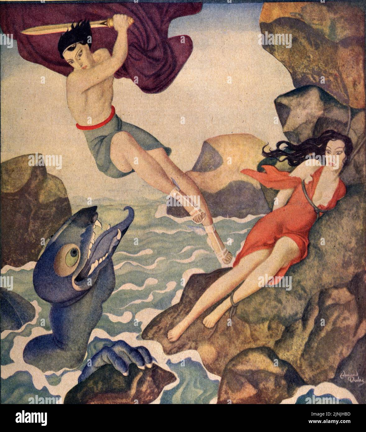 „Perseus and Andromeda“, veröffentlicht am 8.1931. Februar in der American Weekly Magazine, gemalt von Edmund Dulac für „Liebesgeschichten, an die die Ancients glaubten“. Stockfoto