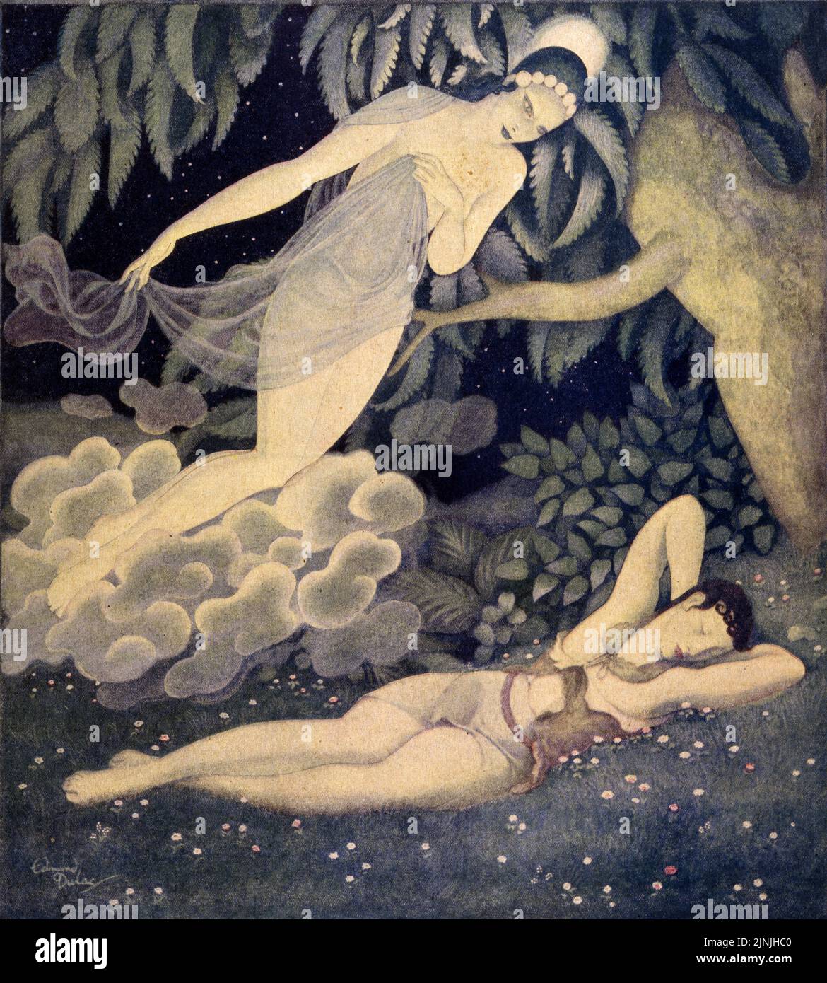 „Selene und Endymion“, veröffentlicht am 22,1931. März in der American Weekly Sunday Magazine, gemalt von Edmund Dualc für Liebesgeschichten, die die Ancients glaubten. Stockfoto
