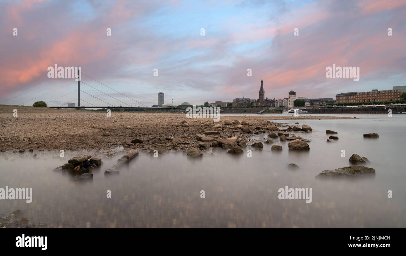 Dürre in Deutschland, Niedrigwasser am Rhein bei Düsseldorf Stockfoto
