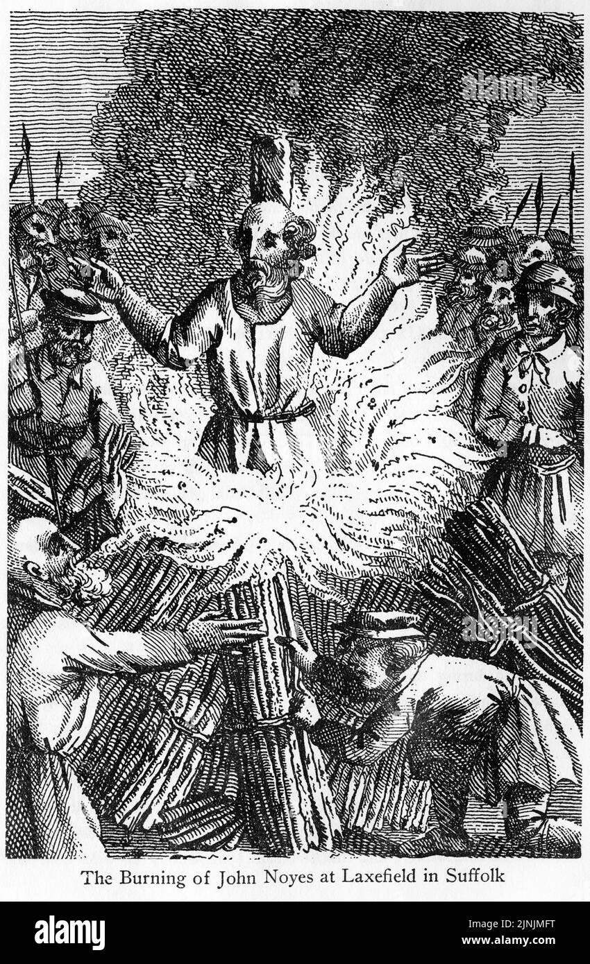 Stich der Verbrennung von John Noyes in Laxefield in Suffolk, England Stockfoto