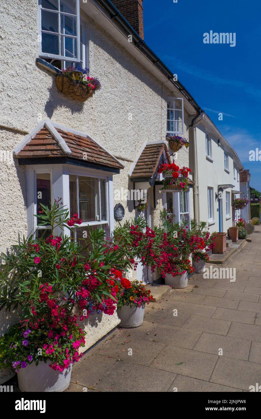 Village Cottage mit bunten Blumentöpfen Odiham Hampshire England Stockfoto