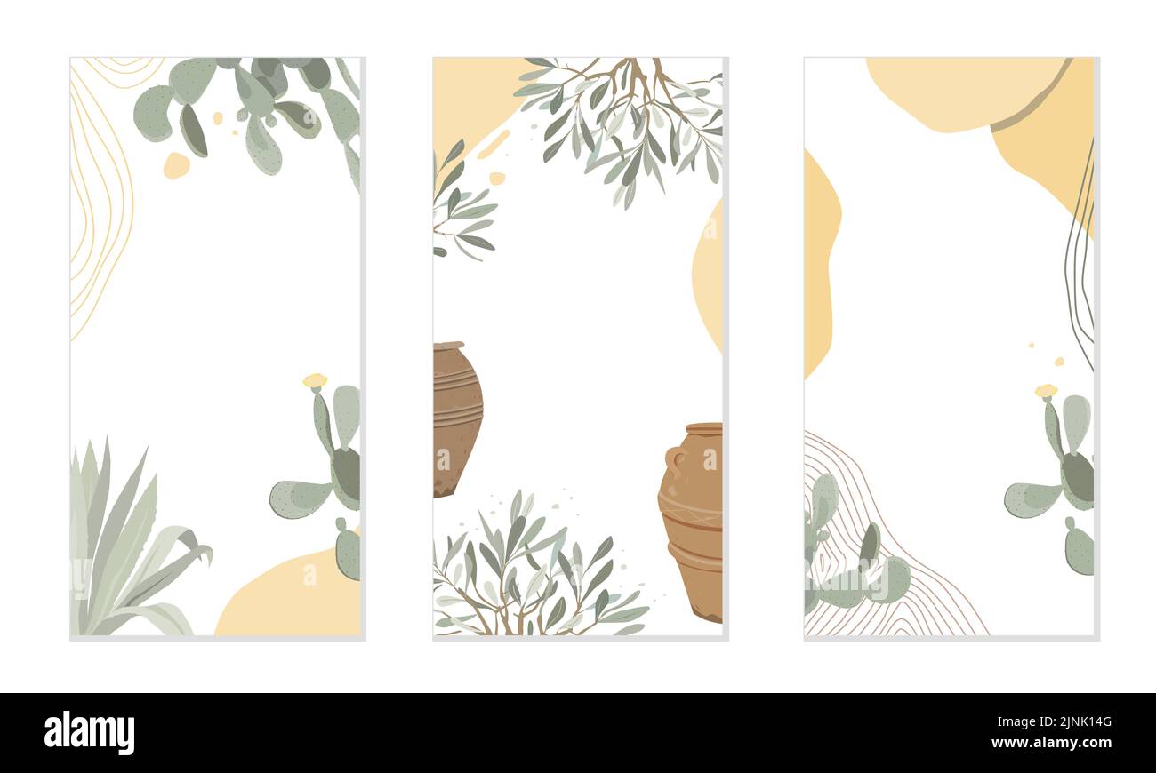 Moderne Sommer vertikale abstrakte Hintergrundvorlage mit Kaktus, Agave und Olivenzweigen aus Kaktus mit stacheligen Birnen. Vektorgrafik. Stock Vektor