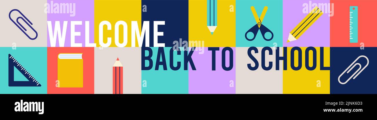 Willkommen zurück in der Schule. Farbenfrohes, geometrisches horizontales Banner. Schule liefert Schreibwaren Ikonen. Konzept der Bildung. Vektorgrafik, Stock Vektor