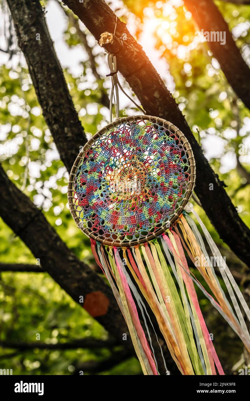 Traumfänger Hintergrund. Indianische Dekoration und schamanische Gegenstände auf einem Baum im Wald. Boho, Dekor, Lifestyle-Konzept. Hochwertige Fotos Stockfoto