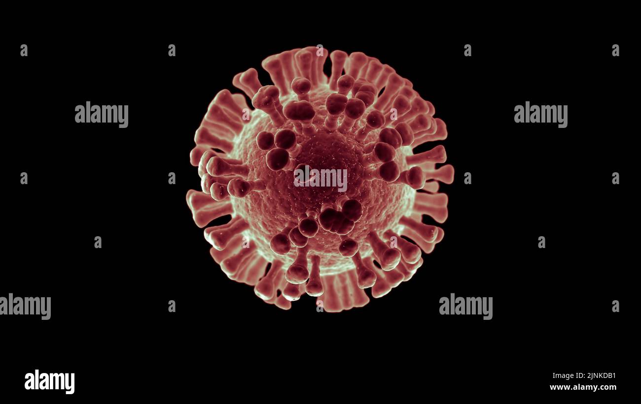Illustration einer roten Viruszelle, einer Virusinfektion oder einer Infektionskrankheit, isoliert auf schwarzem Hintergrund ausgeschnitten Stockfoto