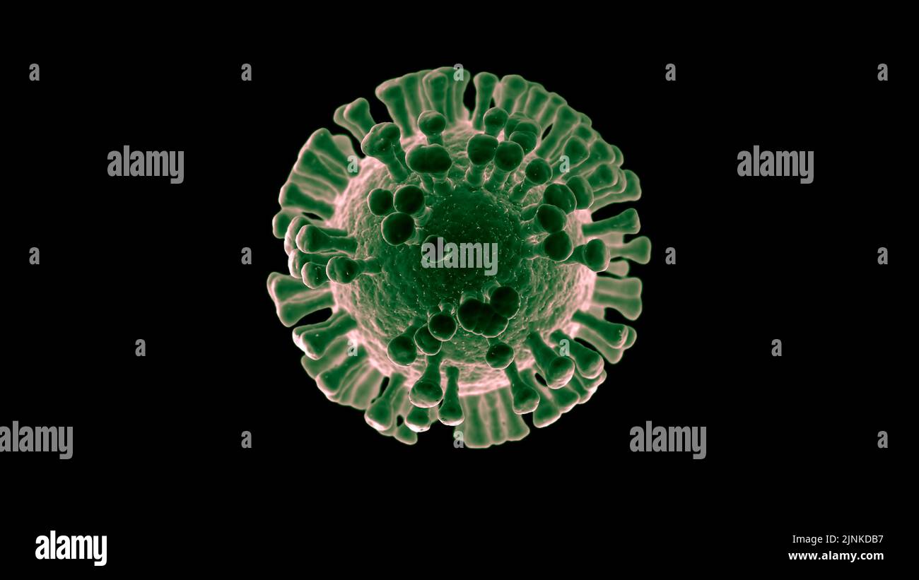 Illustration einer grünen Viruszelle, einer Virusinfektion oder einer Infektionskrankheit, isoliert auf schwarzem Hintergrund ausgeschnitten Stockfoto