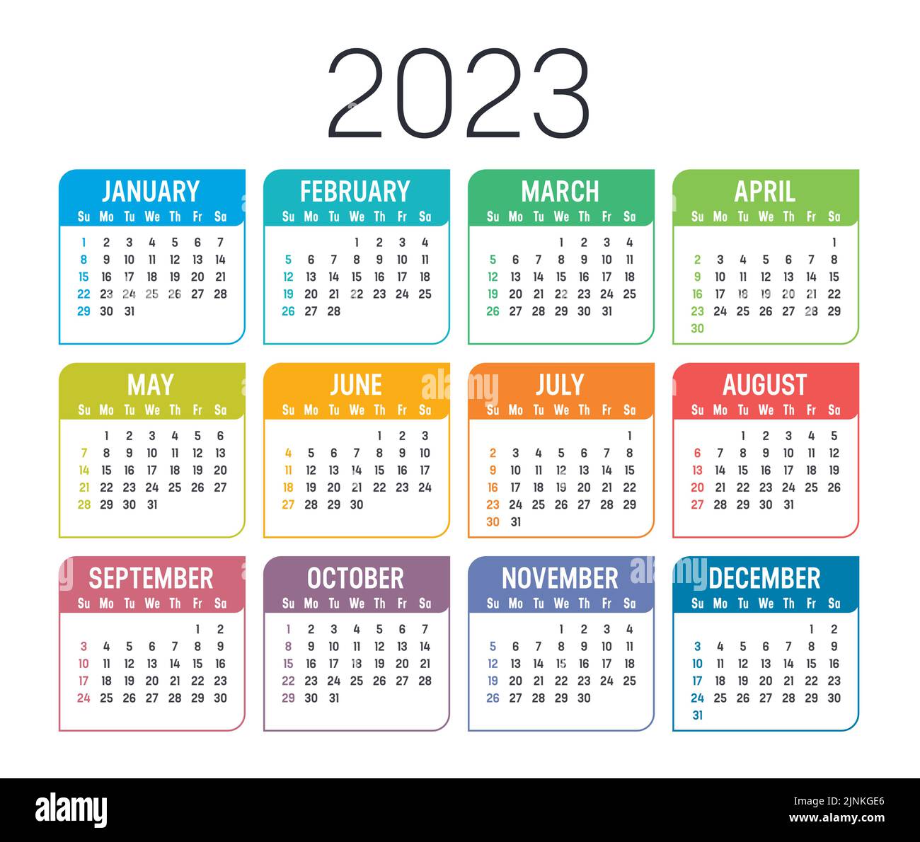 Farbenfroher Jahreskalender 2023, isoliert auf weißem Hintergrund. Vektorvorlage. Stock Vektor