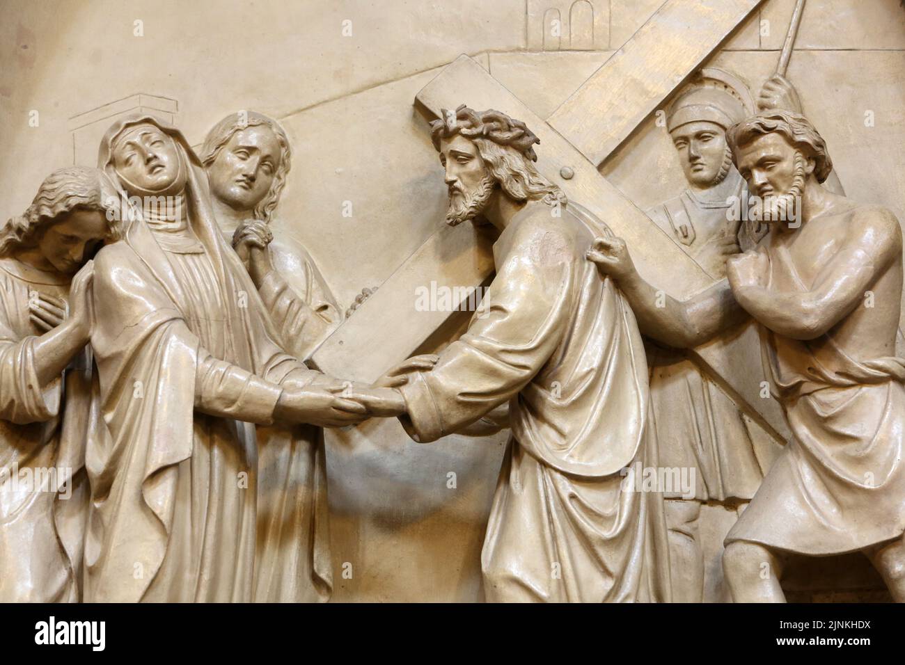 Jésus-Christ rencontre sa mère. Chemin de croix. Station IV Eglise Saint-Clodoald. Saint-Cloud. Haut-de-seine. Ile-de-France. Frankreich. Europa. Stockfoto