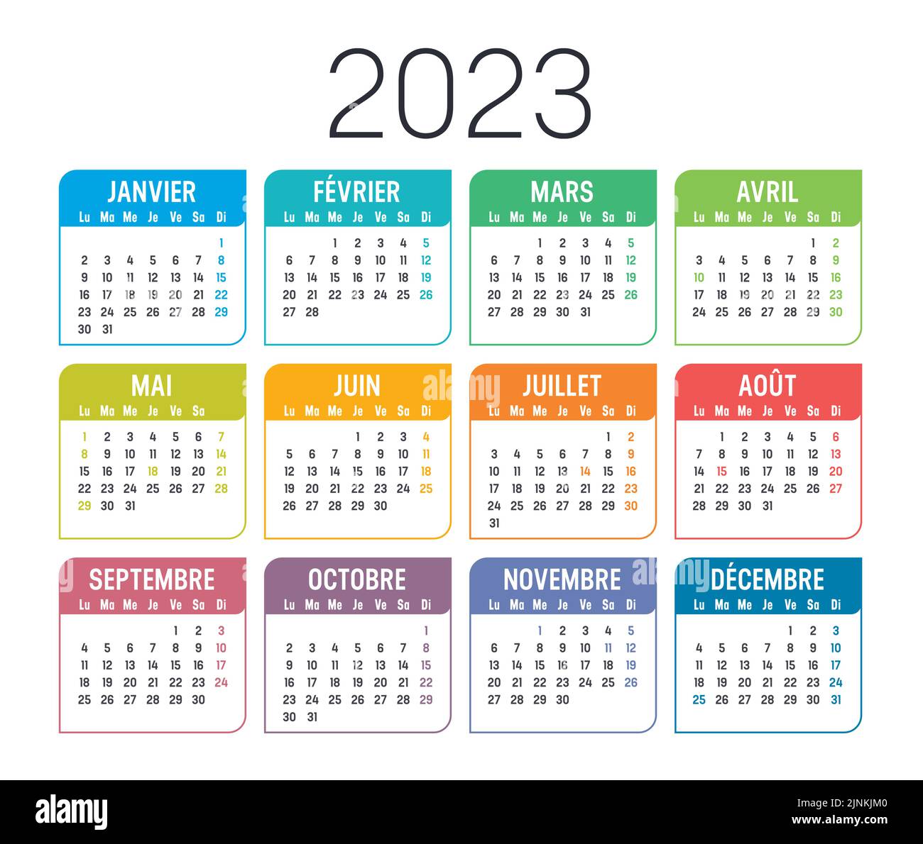 Farbenfroher Jahreskalender 2023, in französischer Sprache, isoliert auf weißem Hintergrund. Vektorvorlage. Stock Vektor