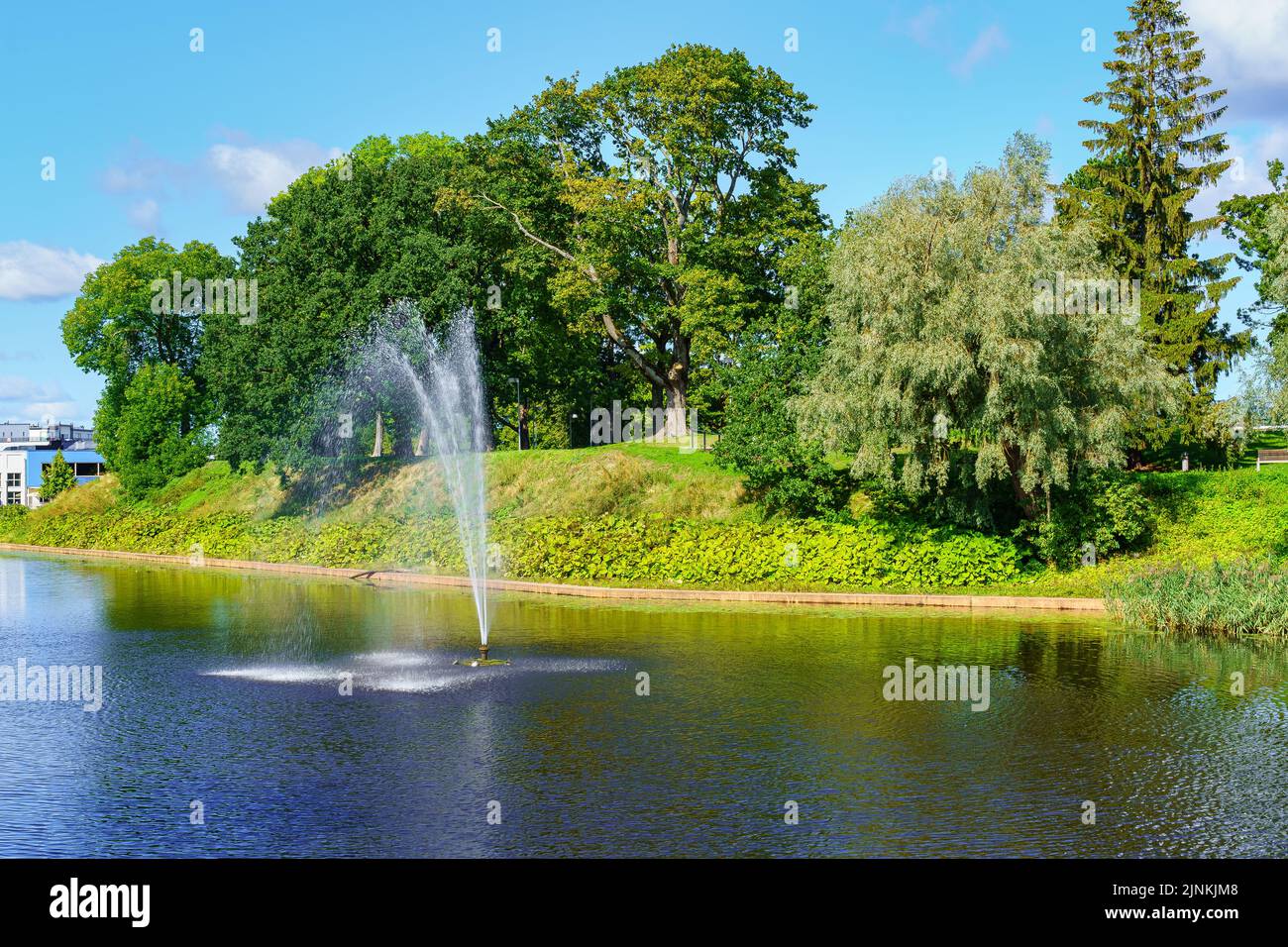 Öffentlicher Park mit einem See inmitten üppiger Bäume und einem Wasserstrahlbrunnen. Stockfoto