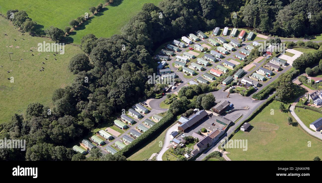 Luftaufnahme des Winksley Banks Caravan & Lodge Park, einem Wohnwagenpark in der Nähe von Ripon, North Yorkshire Stockfoto