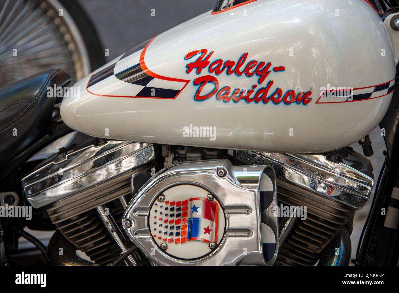 Nahaufnahme eines Harley Davidson Motorrads. Stockfoto