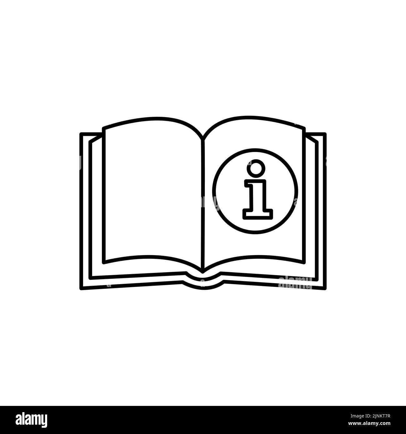 Öffnen Sie das Buch mit dem Symbol für die Informationszeichenblase, das durch dünne Linien gekennzeichnet ist. Vector Katalog oder Zeitschrift Info und Anleitung, Lehrbuch oder Broschüre mit edu Stock Vektor