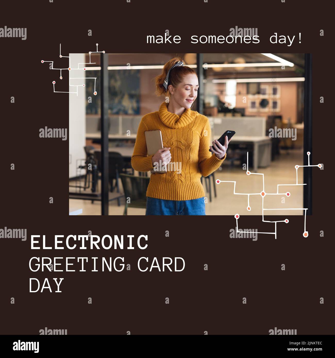 Animation des Tages mit der elektronischen Grußkarte über eine glückliche kaukasische Frau, die im Büro ein Smartphone benutzt Stockfoto