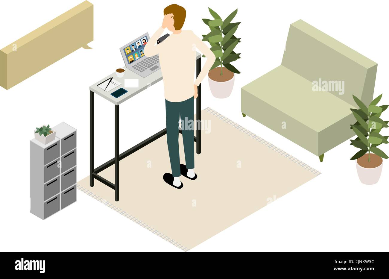 Isometrische Telearbeiter, die von zu Hause aus arbeiten, haben ein Online-Meeting Stock Vektor