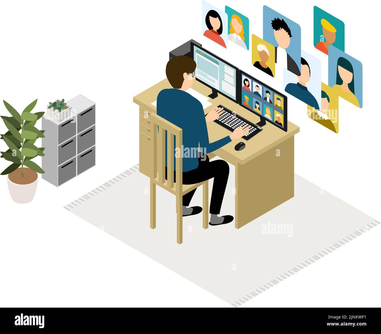 Isometrische Telearbeiter, die von zu Hause aus arbeiten, haben ein Online-Meeting Stock Vektor