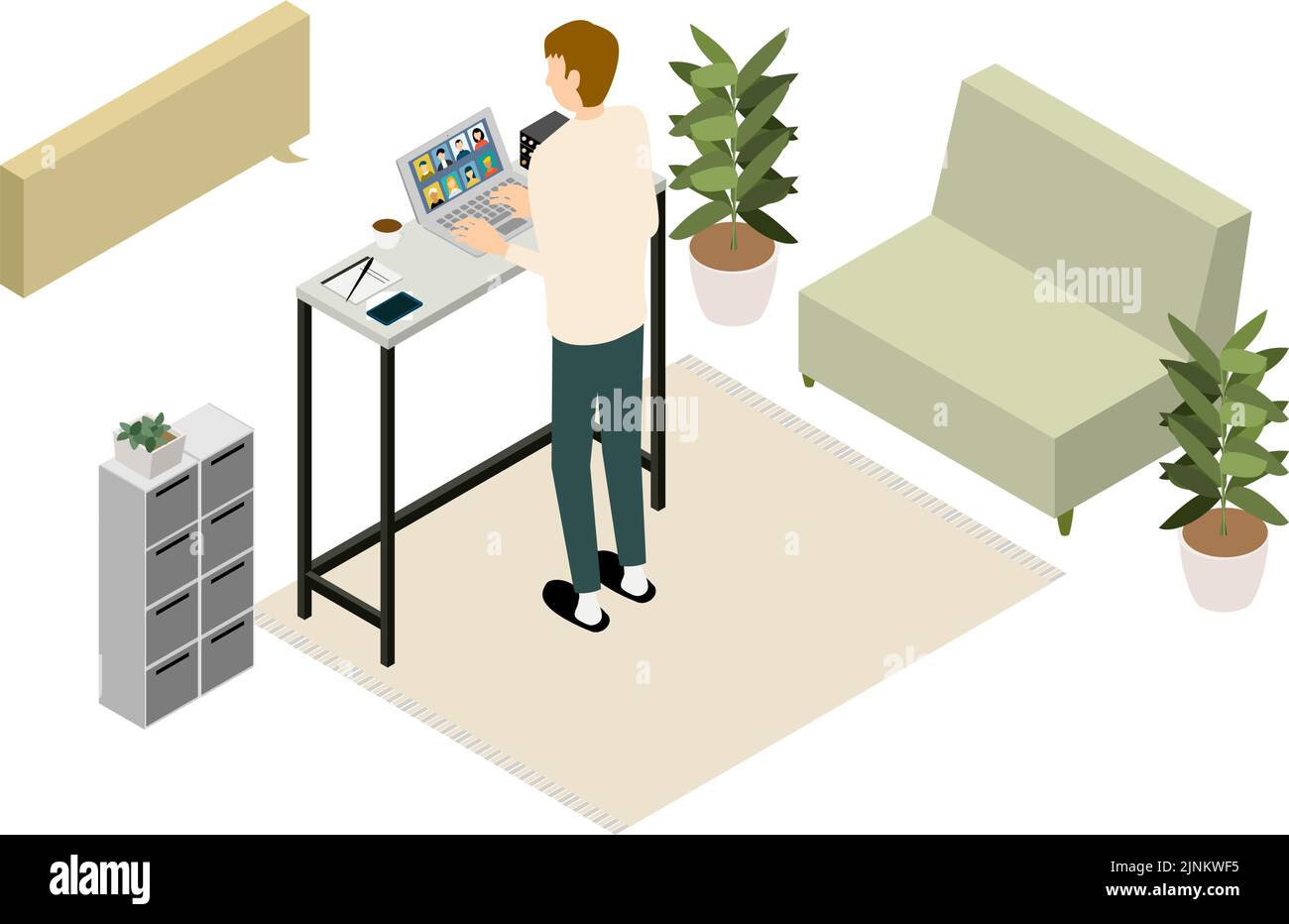 Isometrische Telearbeiter, die von zu Hause aus arbeiten, haben ein Online-Meeting Stock Vektor