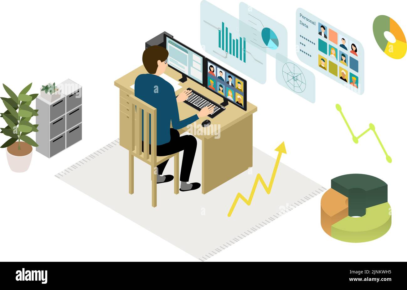 Isometrische Telearbeiter, die von zu Hause aus arbeiten, haben ein Online-Meeting Stock Vektor