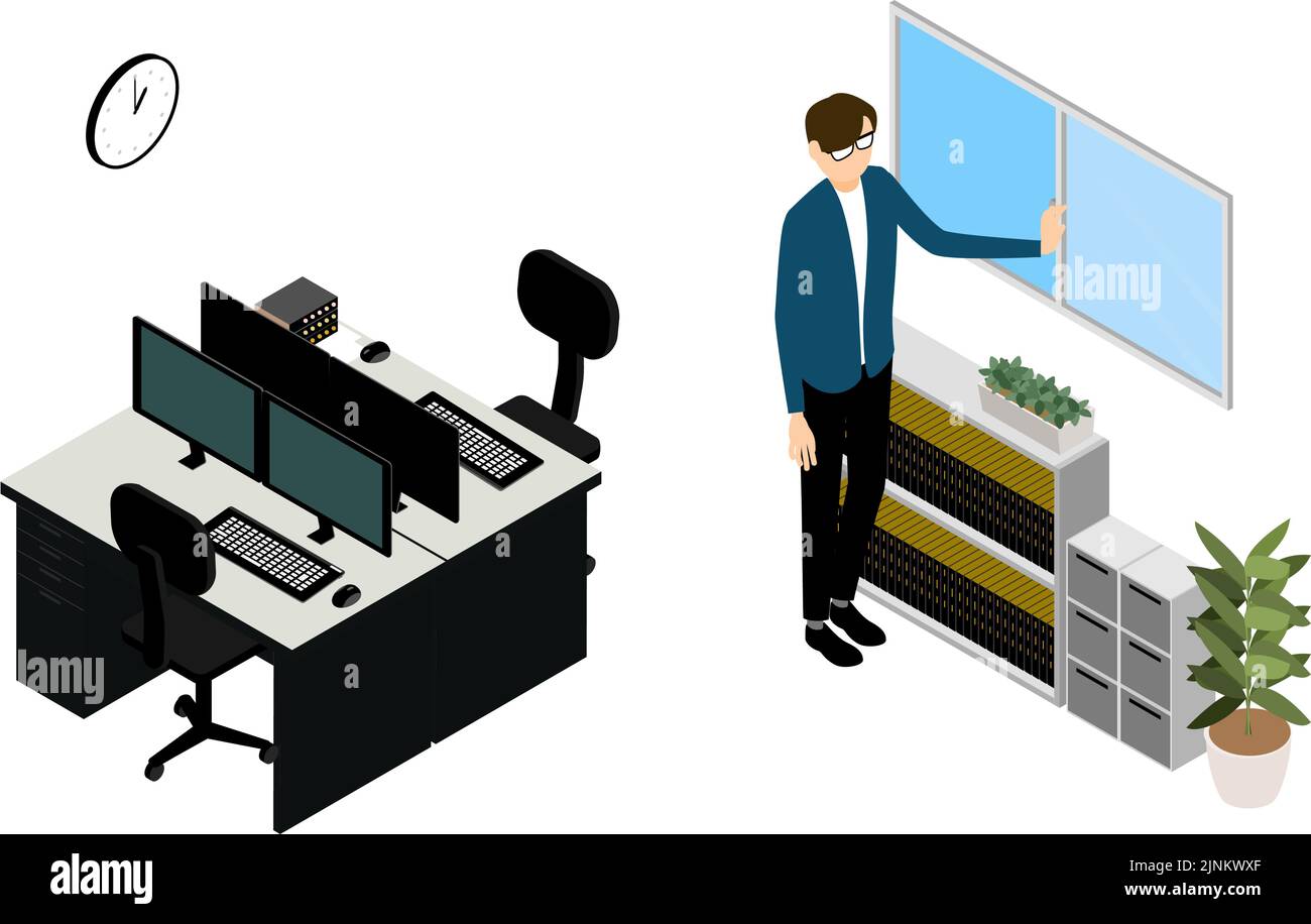 Isometric, ein Mann, der im Büro Fenster zur Belüftung öffnet Stock Vektor