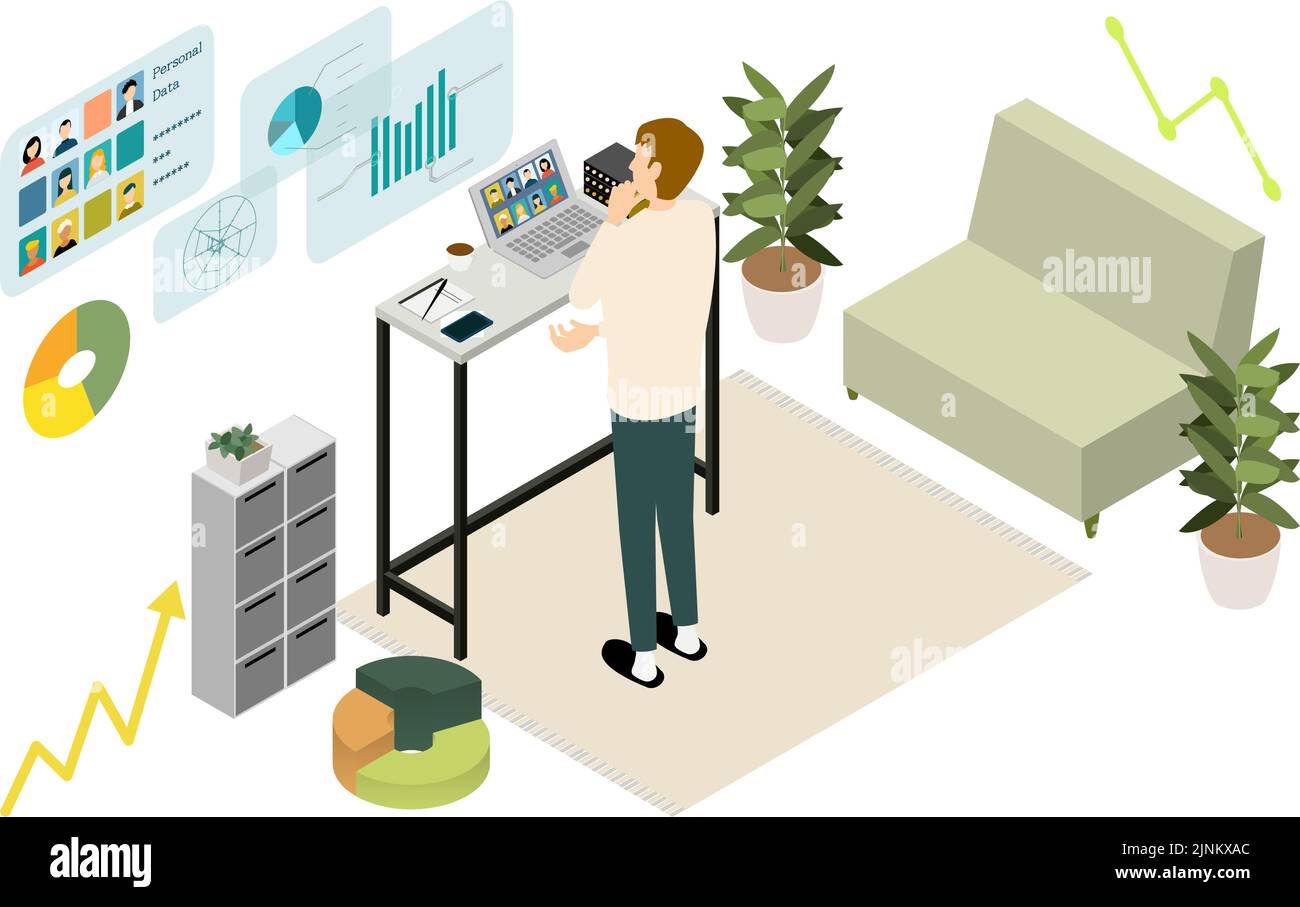 Isometrische Telearbeiter, die von zu Hause aus arbeiten, haben ein Online-Meeting Stock Vektor