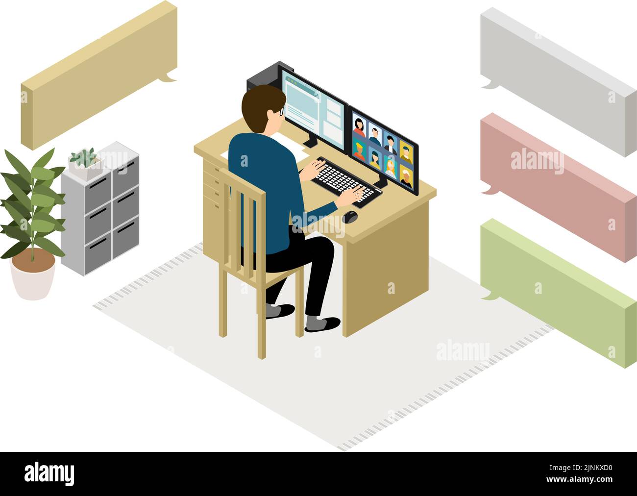 Isometrische Telearbeiter, die von zu Hause aus arbeiten, haben ein Online-Meeting Stock Vektor