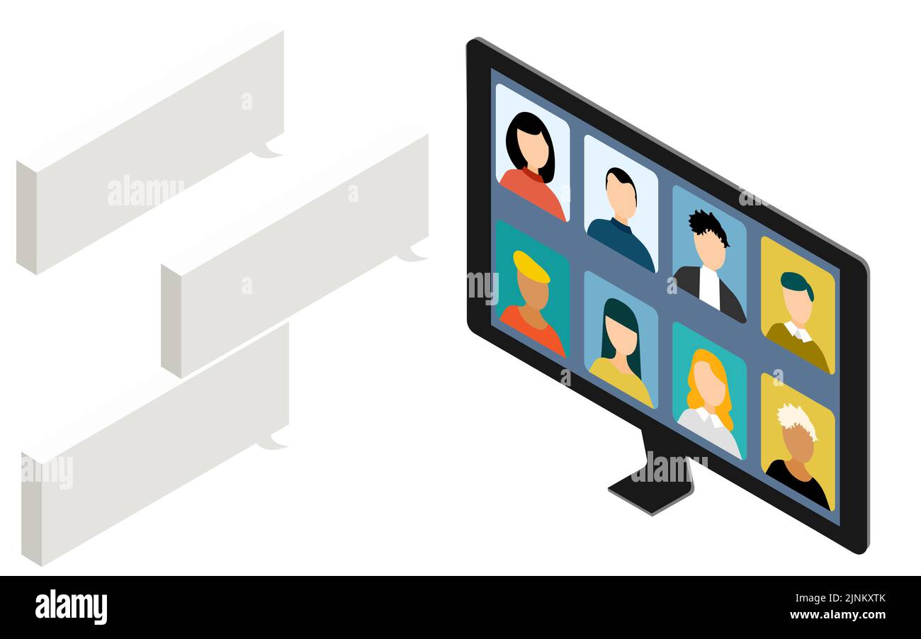 Isometrische Bilddarstellung eines Gesprächs bei einem Online-Meeting Stock Vektor