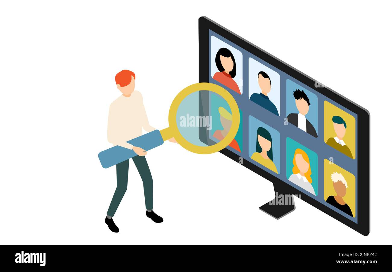 Isometrische, Online-Meetings und Männer mit Lupe Stock Vektor