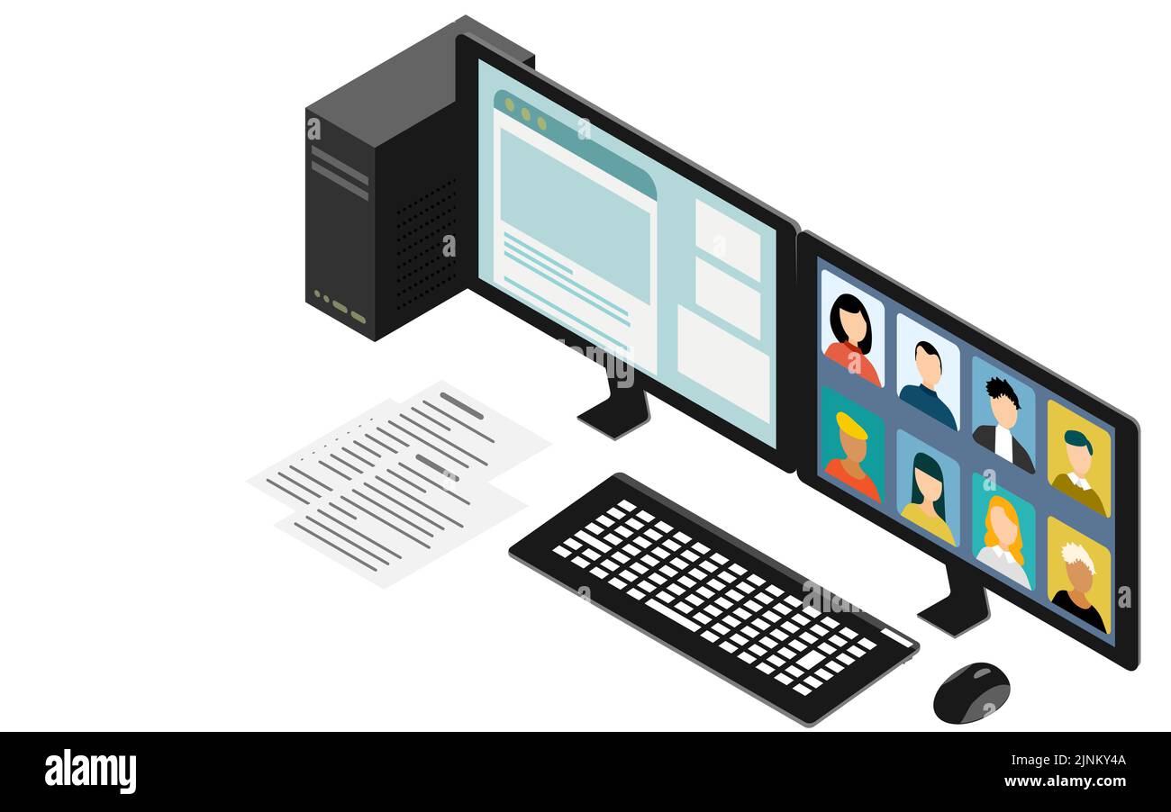 Isometrisch, PC-fähig für Online-Meetings Stock Vektor