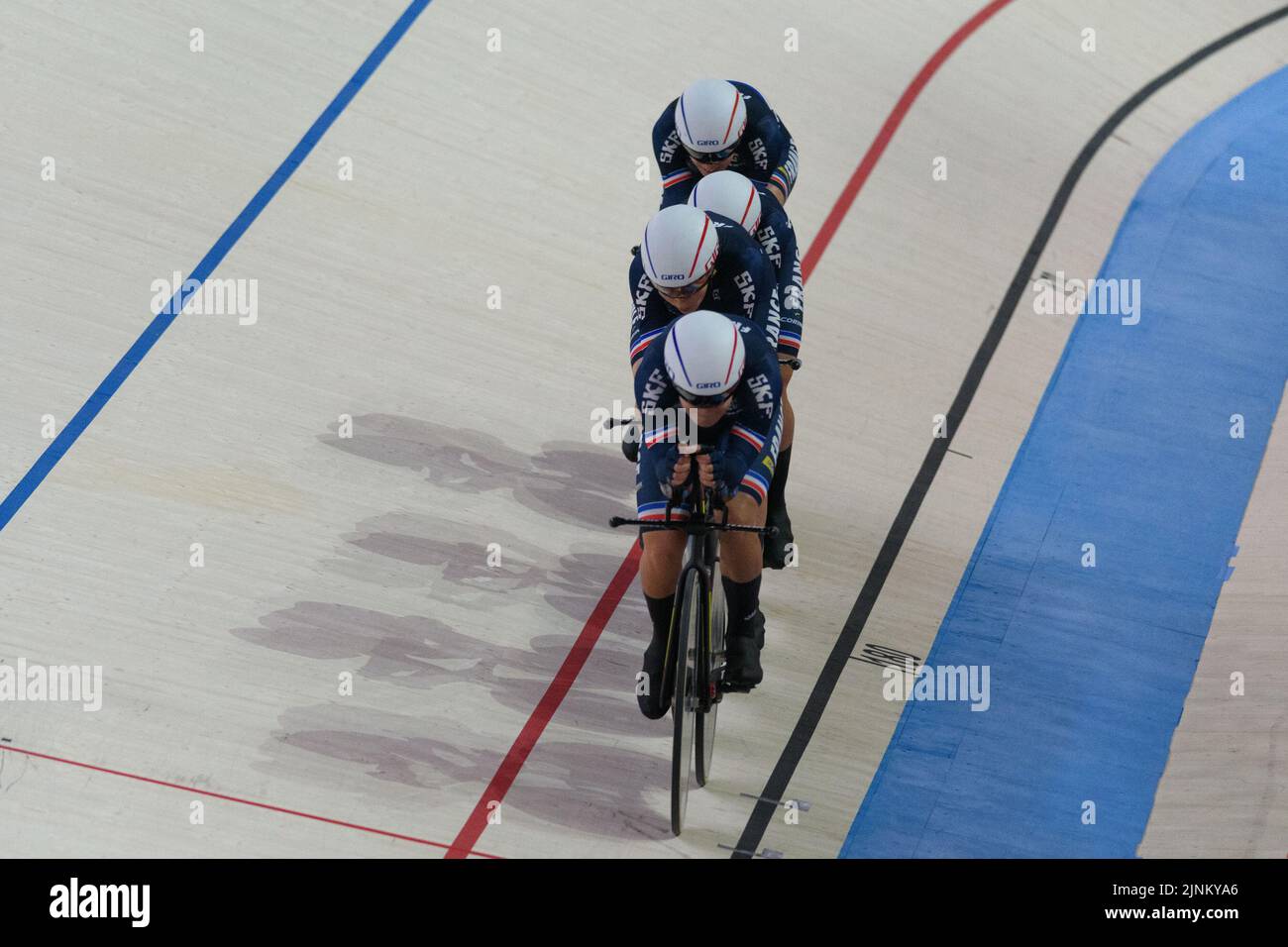 12,8.2022, München, Internationales Congress Center München, Europameisterschaften München 2022: Damen Track Cycling Team Pursuit Finale, Victoire Berteau, Valentine Fortin, Clara Copponi, Marion Borras (Team France) (Sven Beyrich/SPP-JP) Quelle: SPP Sport Pressefoto. /Alamy Live News Stockfoto