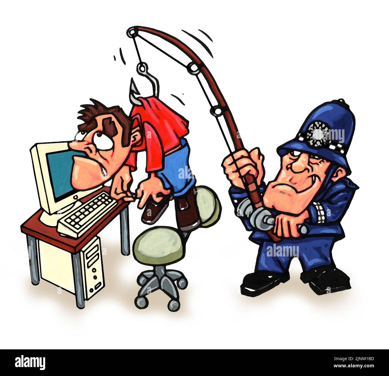 Concept Art Cyber Criminal /Hacker /Internetbetrug /Phishing-Angreifer, der von der Polizei erwischt wird, illustriert die Bemühungen zur Beendigung von Cyberkriminalität und zur Verbesserung der Online-Sicherheit Stockfoto