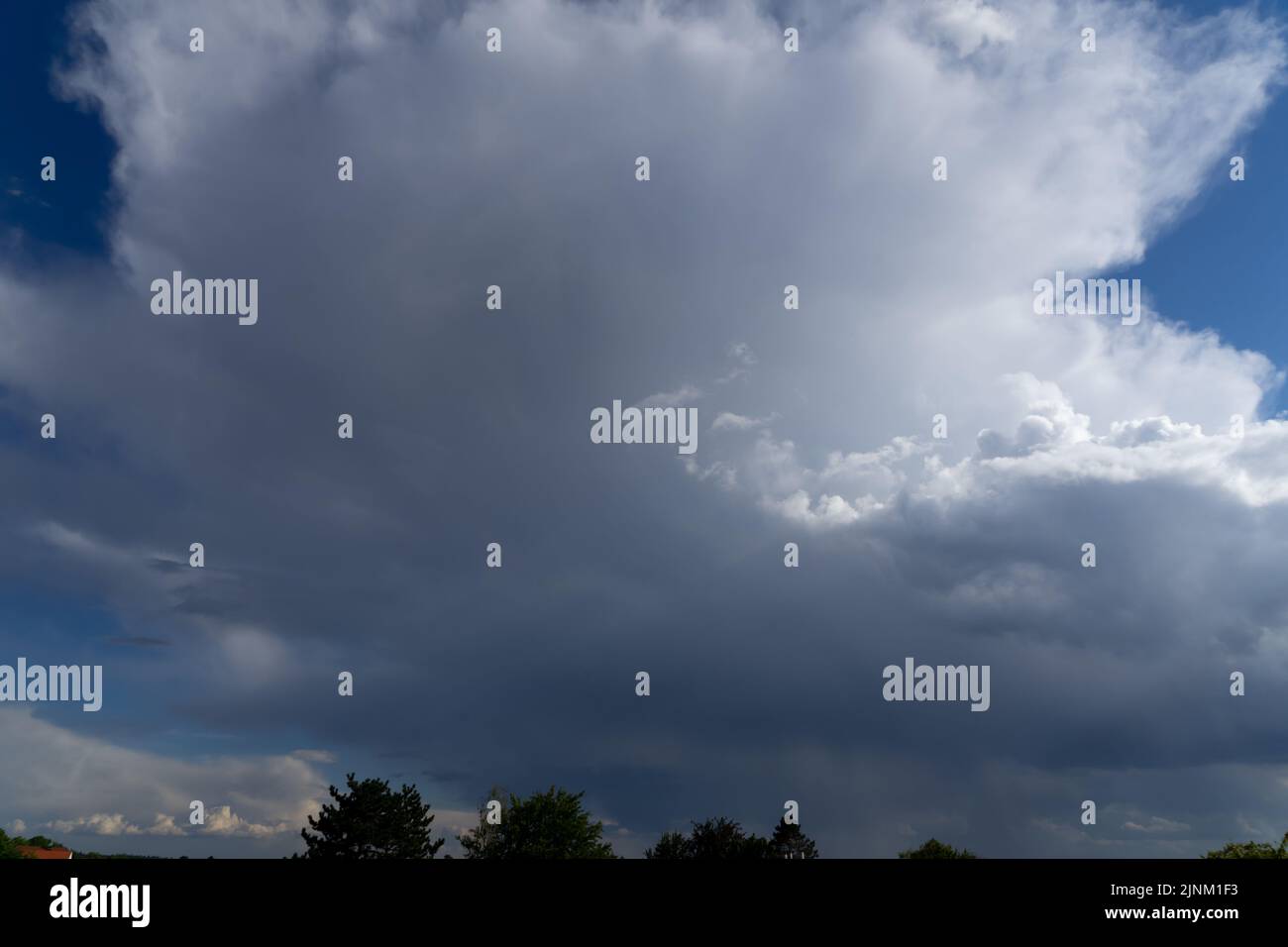 Gewitterwolken ragen in einem strahlend blauen Sommerhimmel auf Stockfoto