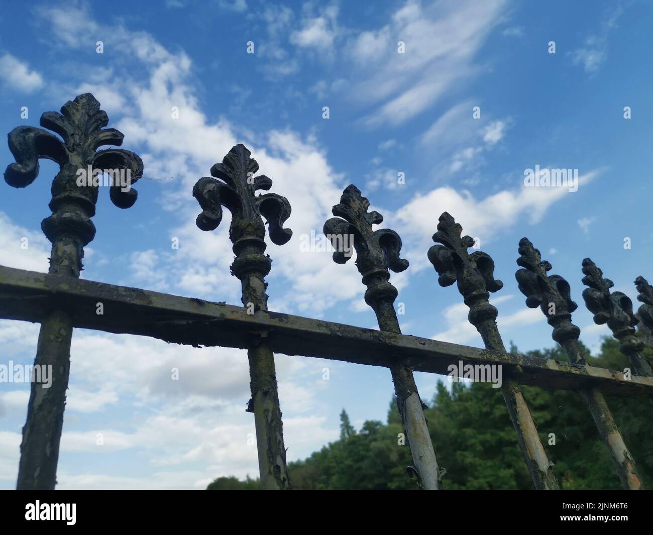 Schwarze Geländer mit Fleur de lys-Gipfeln gegen den blau bewölkten Himmel Stockfoto