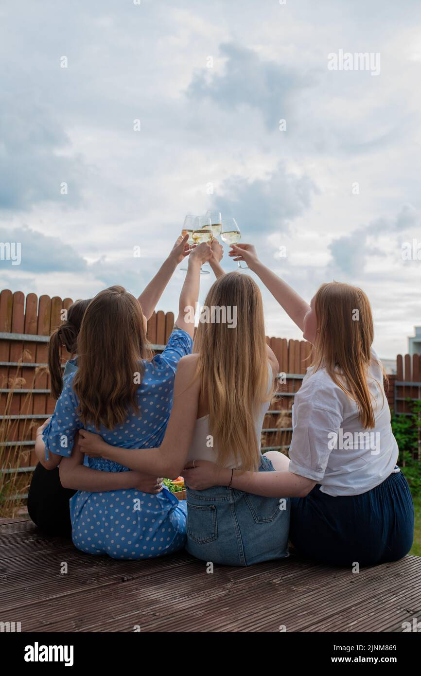 Rückansicht einer Gruppe junger Frauen mit langen Haaren, die klirrende Gläser mit Weißwein-Champagner auf dem Hintergrund des Himmels aufragen. Stockfoto