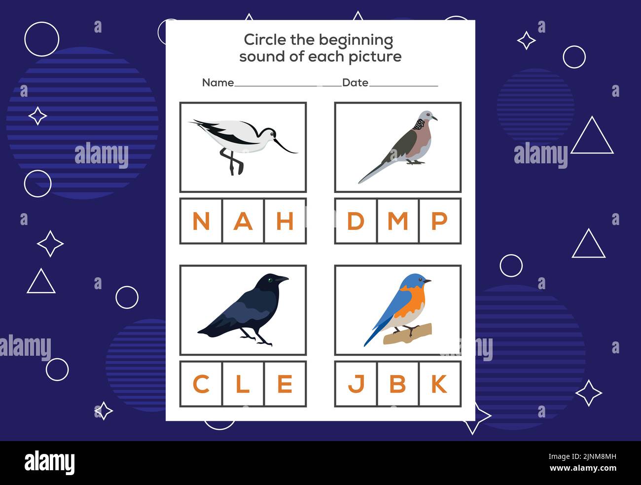 Kreisen Sie das Anfangsgeräusch jedes Vogels ein. Lernspiel für Kinder Stock Vektor