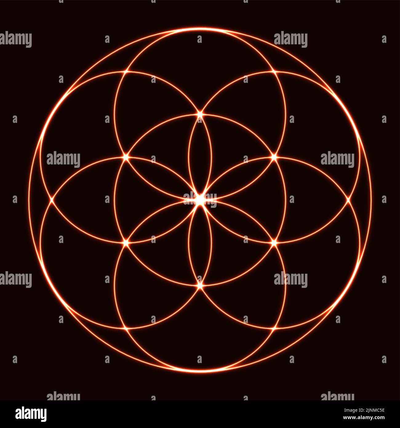 Seed of Life mit Neon-Glow-Effekt, auf schwarzem Hintergrund. Alte geometrische Figur, spirituelles Symbol und Heilige Geometrie. Überlappende Kreise. Stockfoto